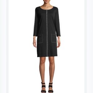 Joan Vass Black Cotton Shift Dress, Pockets, White Dot Accents, Career, Plus, 1X